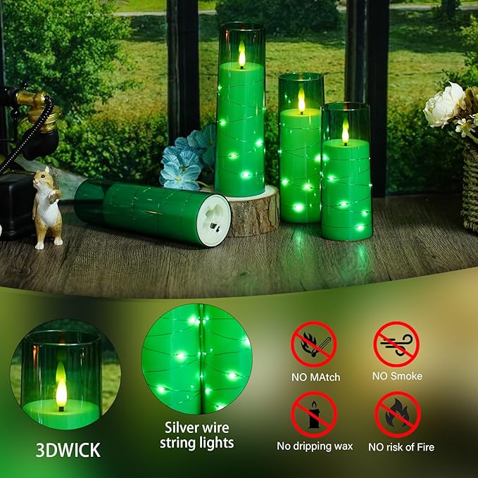 Flameless Candles,with Embedded Star String, Battery Operated Candles Flickering LED Pillar Candles with Remote Control and Timer, Home Decoration Add a Warm and Romantic Atmosphere，Set of 7 (Green)