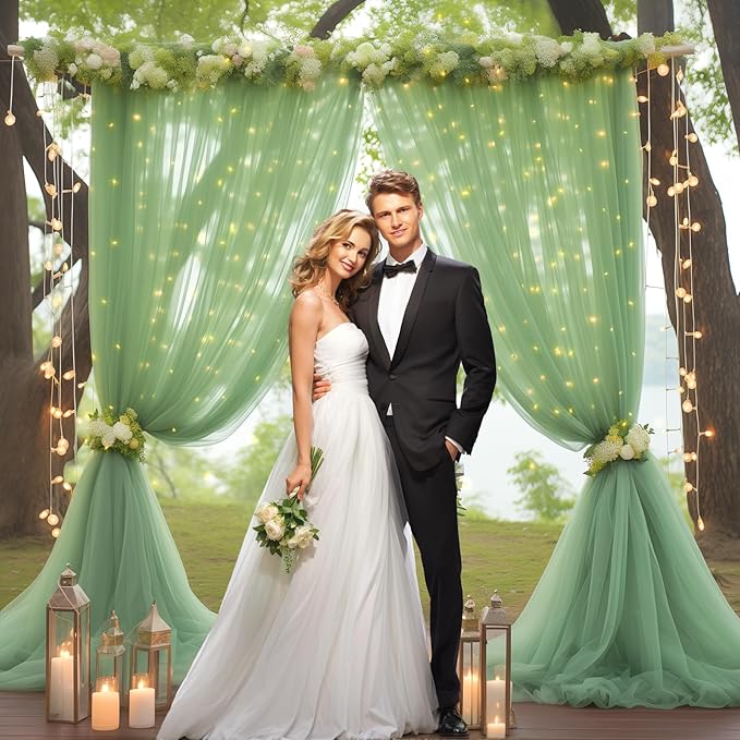 10ft x 8ft Green Backdrop Curtain with Lights String for Parties, Sheer Tulle Wedding Photo Backdrops Drapes for Baby Shower Birthday Party Decorations Background for Photography