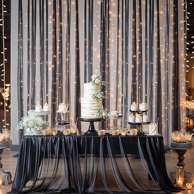 10ft x 10ft Black Backdrop Curtain with Lights String for Parties, Sheer Tulle Wedding Photo Backdrops Drapes for Baby Shower Birthday Party Decorations Background for Photography
