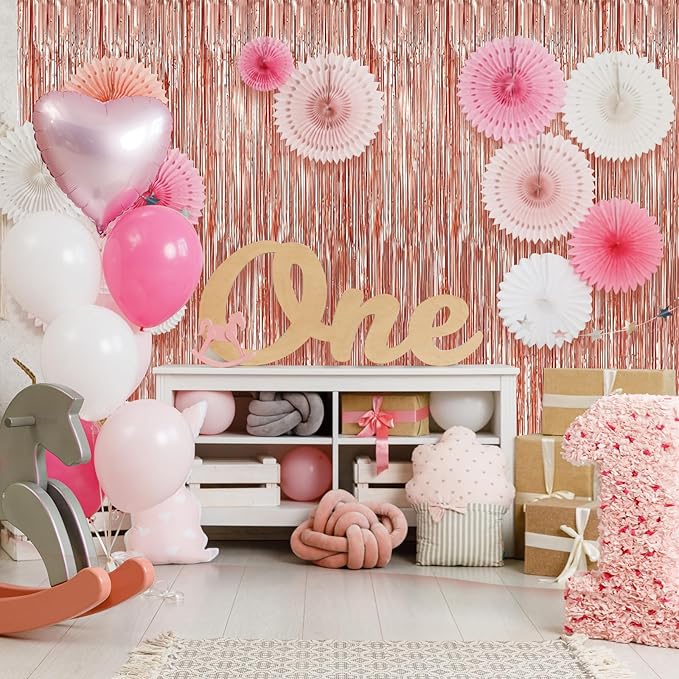 Crosize 7 Pack 3.3 x 9.9 ft Rose Gold Foil Fringe, Streamer Backdrop Curtains, Streamers Birthday Party Decorations, Tinsel Curtains for Parties, Photo Booth Backdrops