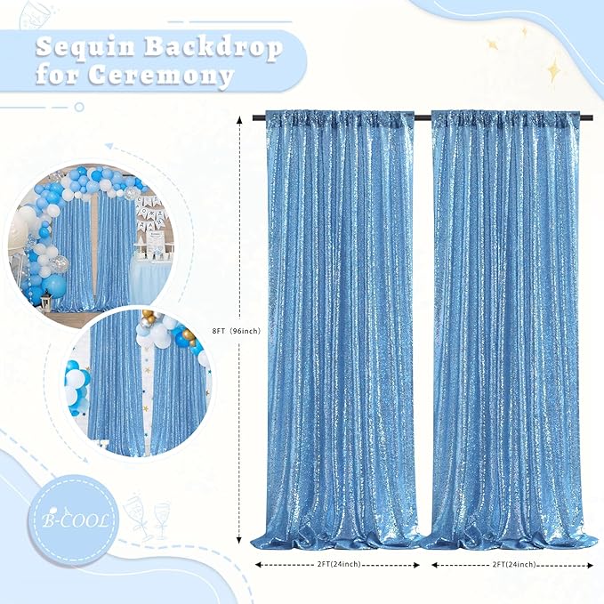 B-COOL Baby Blue Sequin Backdrop Curtains 2 Pieces 2ftx8ft Party Photography Sparkly Background Prom Drapes Wedding Baby Shower Backdrops