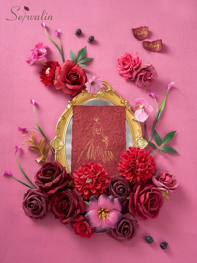 Serwalin Artificial Burgundy & Fuchsia Flowers, Silk Fake Flowers Stems for Wedding Bouquets DIY, Baby Shower Centerpieces, Cake Decor, Birthday Party & Home Decor