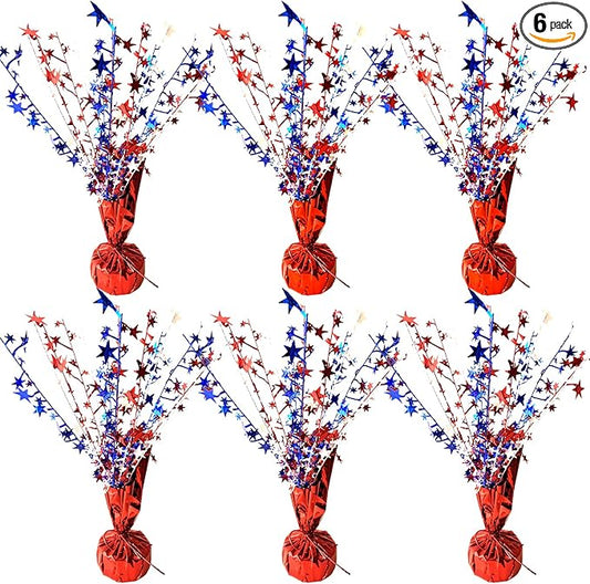 6 Pack 4th of July Table Centerpiece Decoration Metallic Foil Spray Star Burst Patriotic Decoration Independence Day Labor Day Veteran Day Memorial Day Party Supplies, Red White and Blue