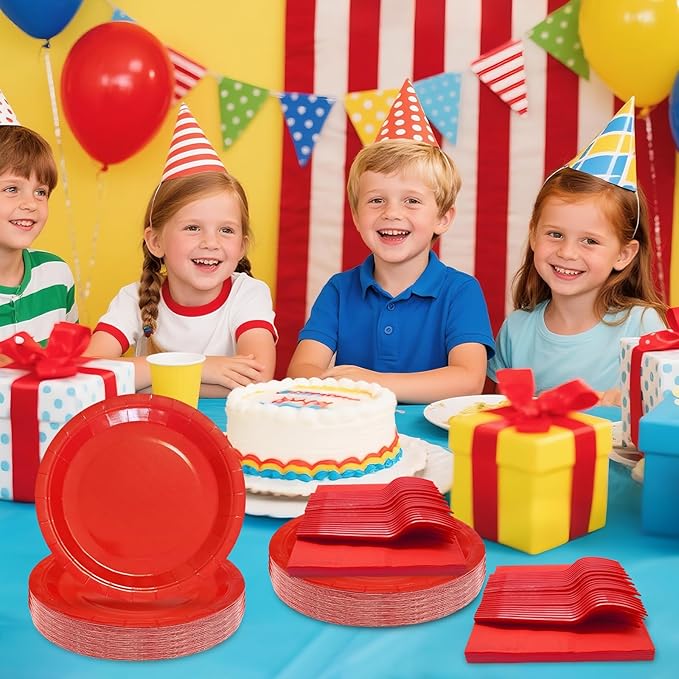 Red Paper Plates 9 Inch Set Disposable Red Birthday Dessert Dinner Plates and Napkins Party Supplies(75 PCS)
