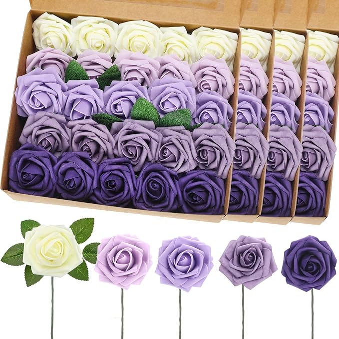 100 Pieces Artificial Foam Rose Flowers Faux Bouquet with Leaves and Stems for DIY Wedding Bouquets Centerpieces Bridal Shower Party Valentine Home Decorations(Shades of Lavender)