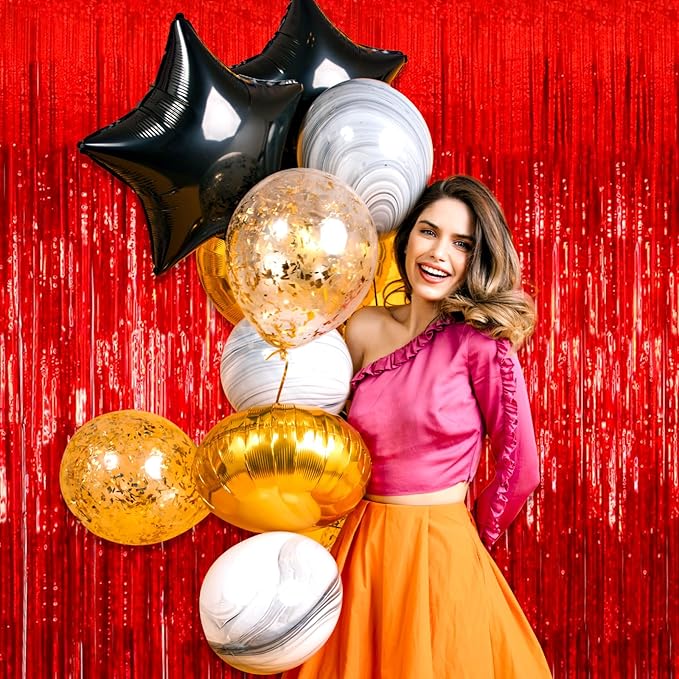 3 Pack Red Foil Fringe Curtain Backdrop, 3.28Ft x 8.2Ft Metallic Tinsel Foil Fringe Streamer Curtains for Photo Booth, Mother's Day, Easter, Birthday, Wedding Party Decorations