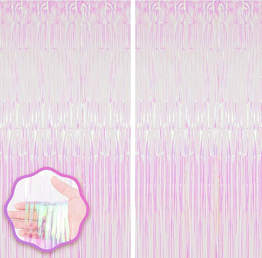 2 Pack Iridescent Tinsel Foil Fringe Curtains, Iridescent Party Decorations, Metallic Tinsel Party Streamers Backdrop for Mermaid Birthday Baby Shower Slumber Wedding Party Decorations