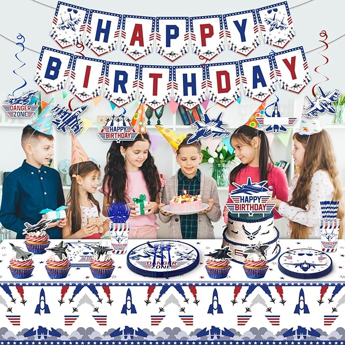 163PCS Air Force Party Fighter Jet Pilot Birthday Party Decorations ,Top Party Supplies Gun Plates and Napkins Military Jet Tableware,Banner, Hanging Swirls, Tablecloth, the Danger Zone Cake Topper