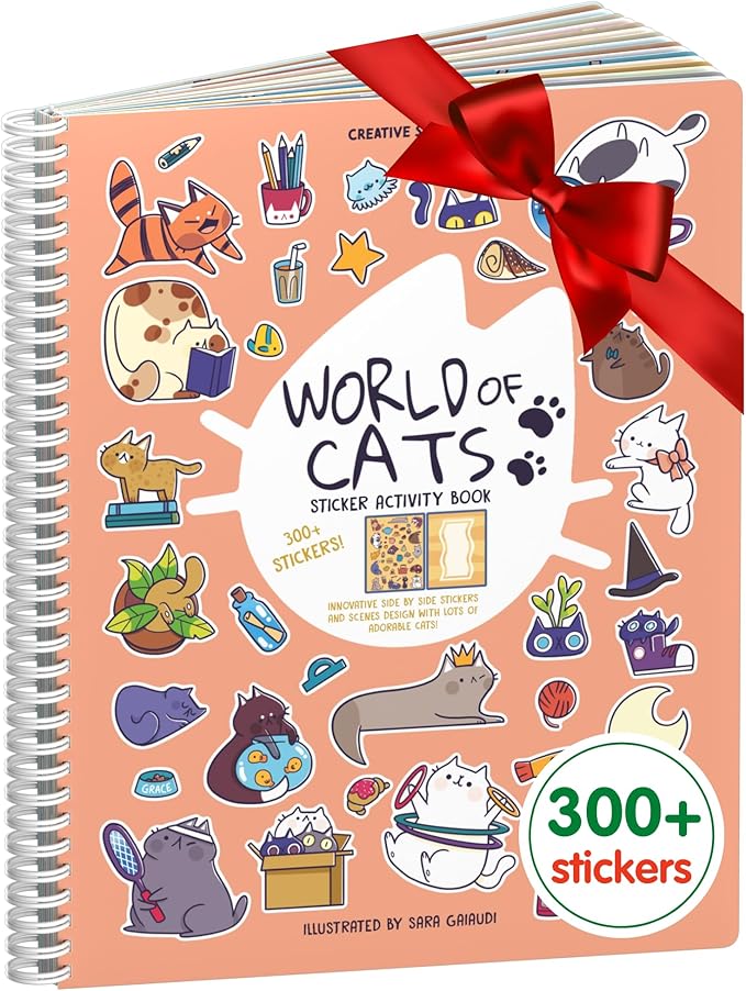 Cupkin Cat Sticker Book Activity for Kids, Toddler Airplane Travel Essentials, 300+ Kitten Stickers for Kids + 8 Scenes + Coloring Book Pages, Cat Lover Gift, Children's Crafts Ages 2-8