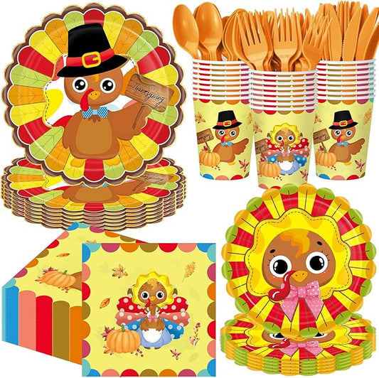 Pickmesh 400 Pcs Turkey Thanksgiving Party Supplies Include Disposable Paper Plates Napkins Cups Cutlery Harvest Dinnerware for Fall Autumn Thanksgiving Party Decorations Serve 50