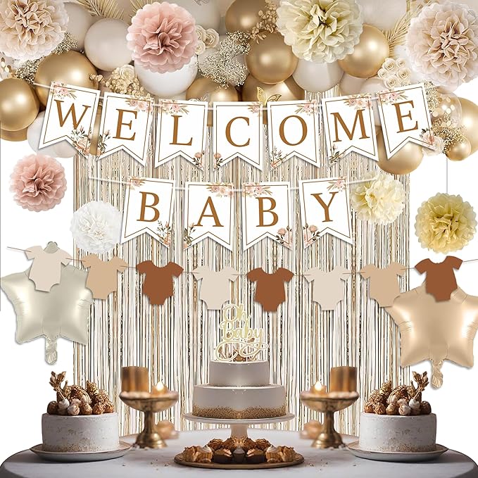 Champagne Baby Shower Decorations, Boho Beige Baby Shower Decor Set with Welcome Baby Banner,Tissue Pom Poms,Oh Baby Cake Topper,Nude Cream Gold Balloons| Neutral Baby Boy Girl Shower Party Supplies
