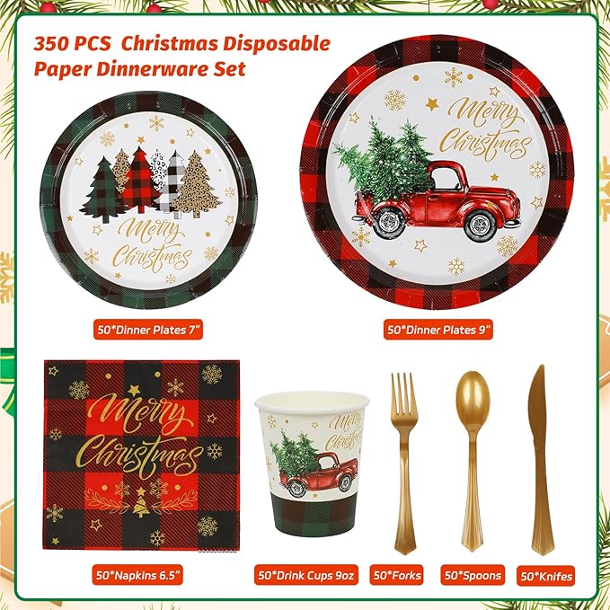 ANALIM 350 PCS Christmas Disposable Paper Dinnerware Set Includes Dinner Plates, Dessert Plates, Cups, Napkins, Knives, Forks, Spoons for Christmas Party Supplies