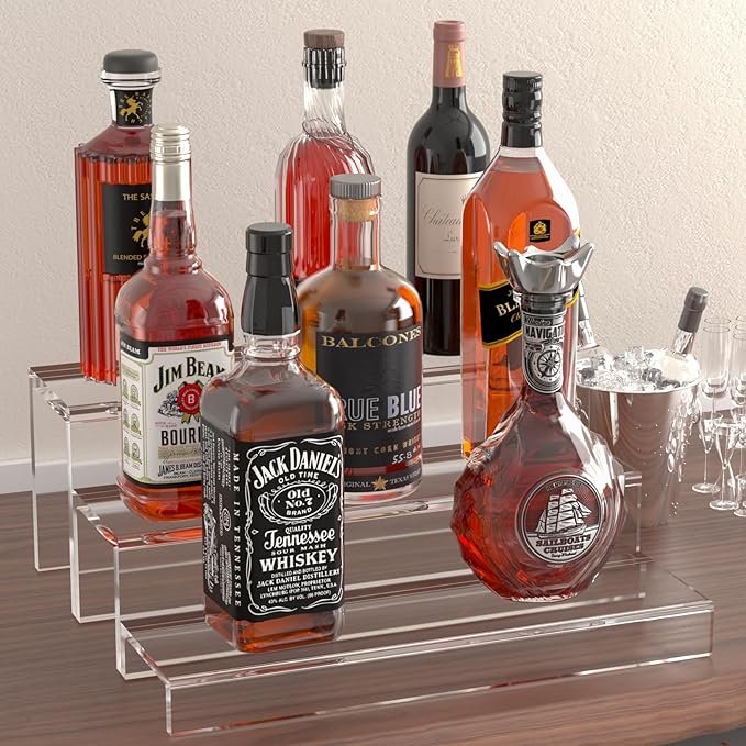 3 Tiers Bar Shelves for Liquor Bottles, 15" Bar Organizer for Countertop, Clear Acrylic Risers Display Racks Stands for Figures Pops Cupcake Perfume Collections (Patent: D1076520S)