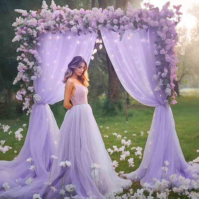 10ft x 8ft Purple Backdrop Curtain with Lights String for Parties, Sheer Tulle Wedding Photo Backdrops Drapes for Baby Shower Birthday Party Decorations Background for Photography