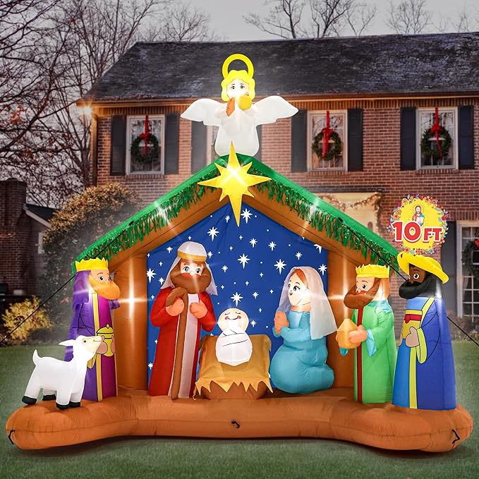 10FT Christmas Inflatables Decor, Blow Up Christmas Nativity Scene, LED Lighted The Birth of Jesus Scene Inflatables Decor, Outdoor Inflatable Decorations for Xmas Yard Lawn Patio