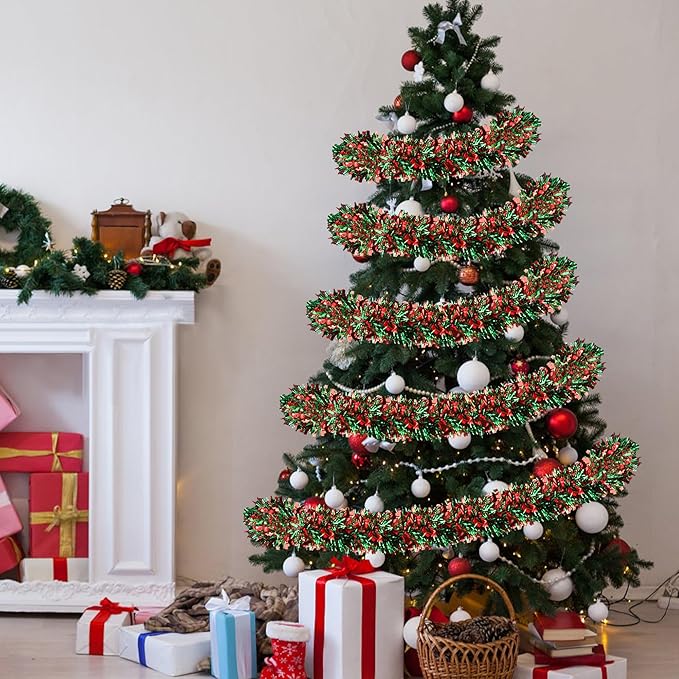 50 Ft Red & Green Christmas Tinsel Garland Metallic Twist Shiny Hanging Garland for Christmas Tree Decorations Xmas Holiday Decor for Home Indoor Outdoor Party Supplies (Red & Green)