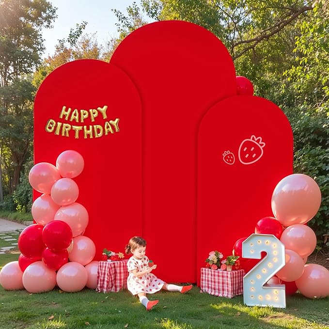 (7.2FT, 6.6FT, 6FT) Wedding Arch Cover Set of 3 Red Spandex Fitted for Round Top Chiara Backdrop Stand - Birthday Party Banquet Photo Background Decoration