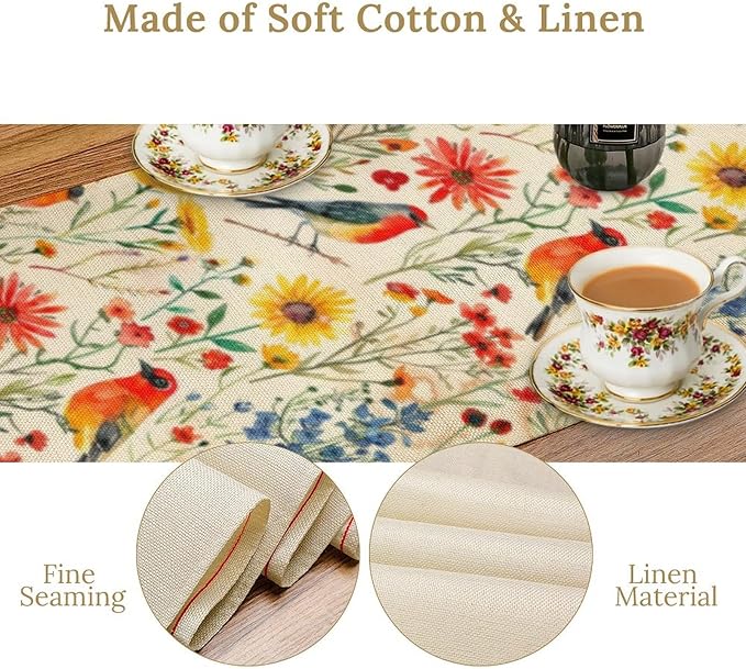 Spring Bird Floral Table Runner,Summer Birds Table Runner Burlap Table Decoration for Seasonal Home Kitchen Dining Dinner Indoor Holiday Farmhouse Decor 13x90 in