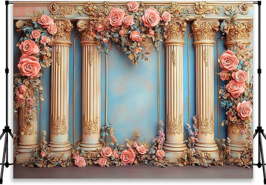 Romantic Pink Flower Background Indoor Pink and Blue Backdrop Palace Wedding Photo Backdrop for Bridal Shower Portrait Pageant Pageant Engagement Photography Backdrops YUNBDJ1850