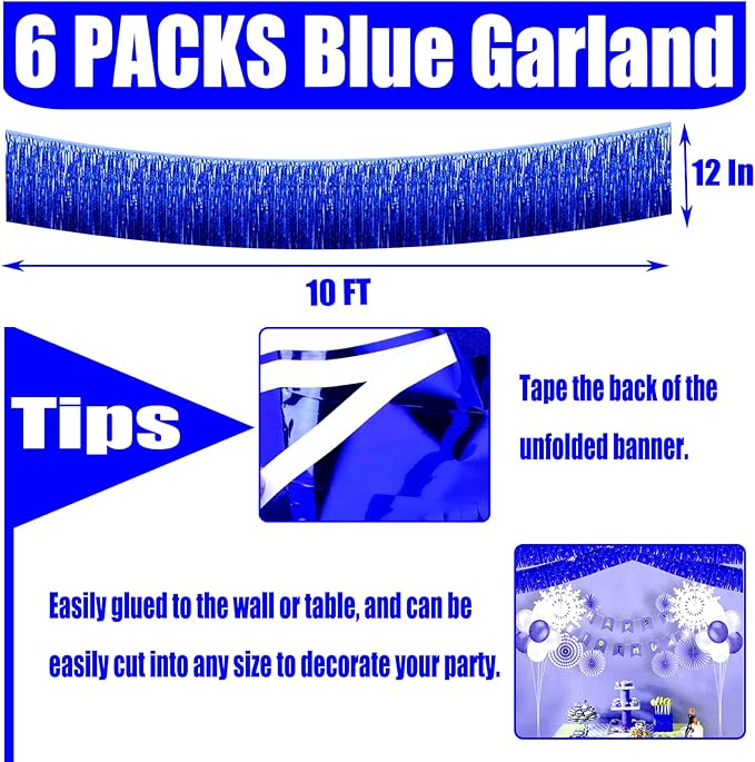 10 Pack 10 Feet Blue Foil Fringe Garland Metallic Tinsel Streamers Banner Wall Hanging Backdrop for Parade Floats, Bachelorette, Wedding, Birthday, Mardi Gras, Carnival Party Decorations