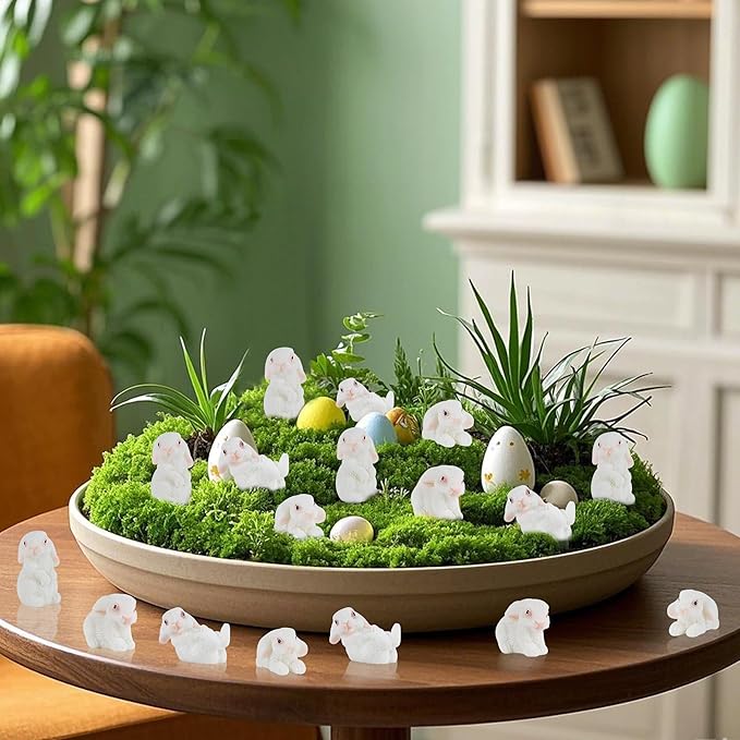 DR.DUDU 24 PCS Mini Bunnies Easter Decor - Mini Resin Animals Rabbits, Miniature Figurines Tiny Animals to Hide, for Easter Egg Filler Stuffers DIY Crafts Fairy Gardens Table Decor (White)