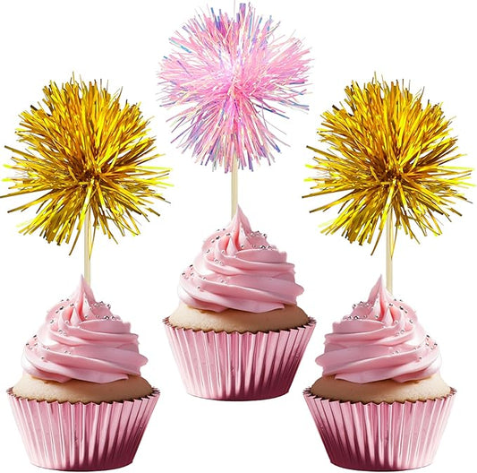 Gyufise 30Pcs Foil Firework Cupcake Toppers Sparkle Tinsel Cake Toppers Tinsel Drink Cake Decoration Cocktail Picks for Birthday Wedding Graduation Party Supplies Gold Pink