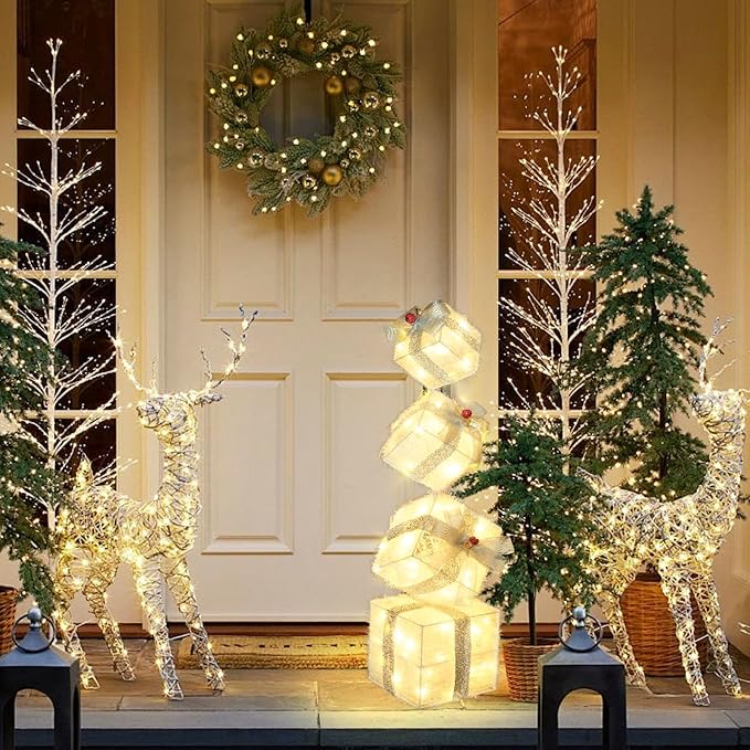 Christmas Lighted Gift Boxes Decorations Set of 4, 3.6Ft Stackable Christmas Nesting Boxes Battery Operated with Timer for Home and Party Decoration