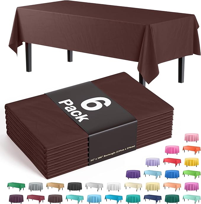 Party Solids 6-Pack Premium Plastic Tablecloth 54in. X 108in. Rectangle Plastic Table Cover - Brown