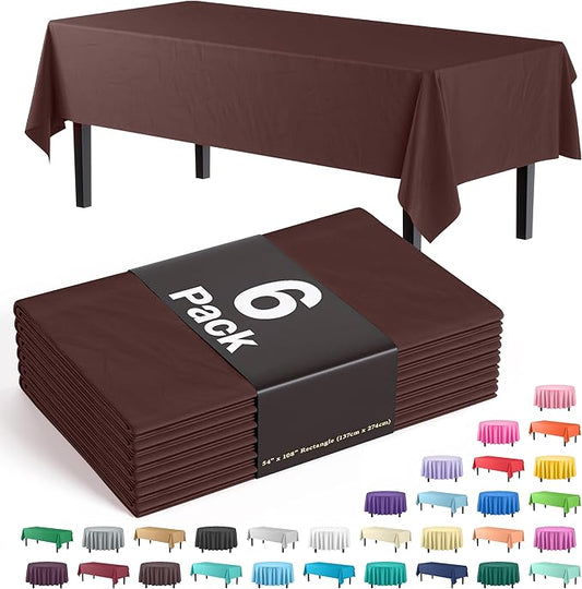 Party Solids 6-Pack Premium Plastic Tablecloth 54in. X 108in. Rectangle Plastic Table Cover - Brown