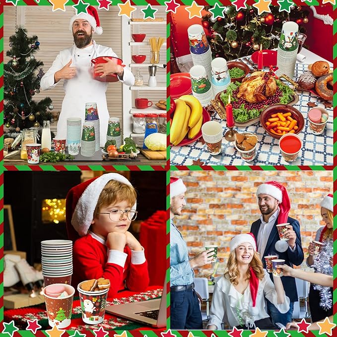 Zhehao 200 Pcs Christmas 9 oz Paper Cups Disposable Coffee Cups Santa Snowman Elk Disposable Hot Cups Xmas Party Drinkware Supplies for Holiday Tea Beverage Cocoa Cold Hot Drink (Xmas Tree Style)