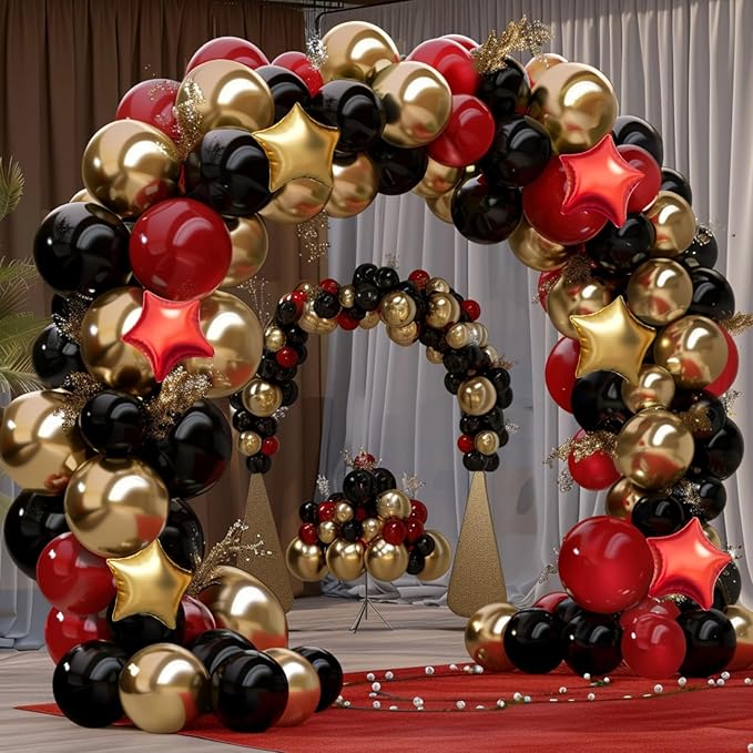 Red Gold Black Balloon Garland Arch Kit, 160Pcs Black Red Gold Latex Balloons with Star Foil Balloons for Anniversary Casino Night Hollywood New Years Movie Night Birthday Party Decorations