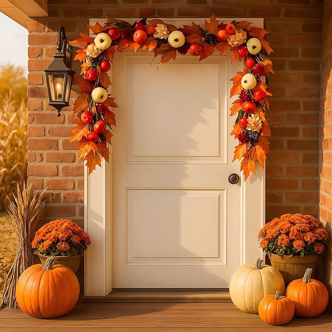 Fall Garland with Pumpkins, Artificial Maple Leaves, Pinecones, Apples & Flowers – 5.6ft Autumn Harvest Garland for Fireplace Mantel, Doorway, Table, Thanksgiving Decor (1 Pack)