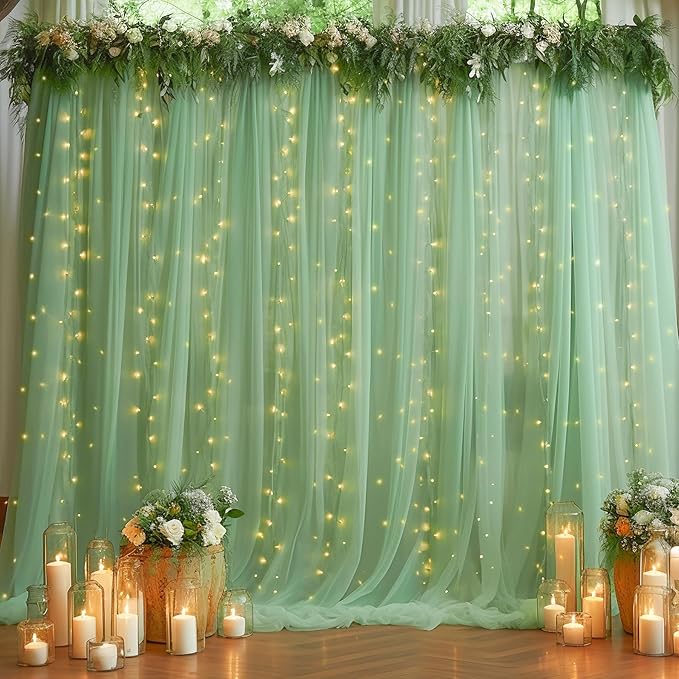 10ft x 10ft Green Backdrop Curtain with Lights String for Parties, Sheer Tulle Wedding Photo Backdrops Drapes for Baby Shower Birthday Party Decorations Background for Photography
