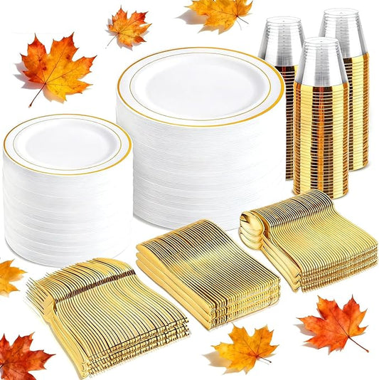 bUCLA 600Pcs White and Gold Plastic Plates - Gold Disposable Dinnerware Set for 100 Guests Include 100 Dinner & 100 Dessert Plates, 100 Cups, 100 Forks, 100 Spoons, 100 Knives for Thanksgiving