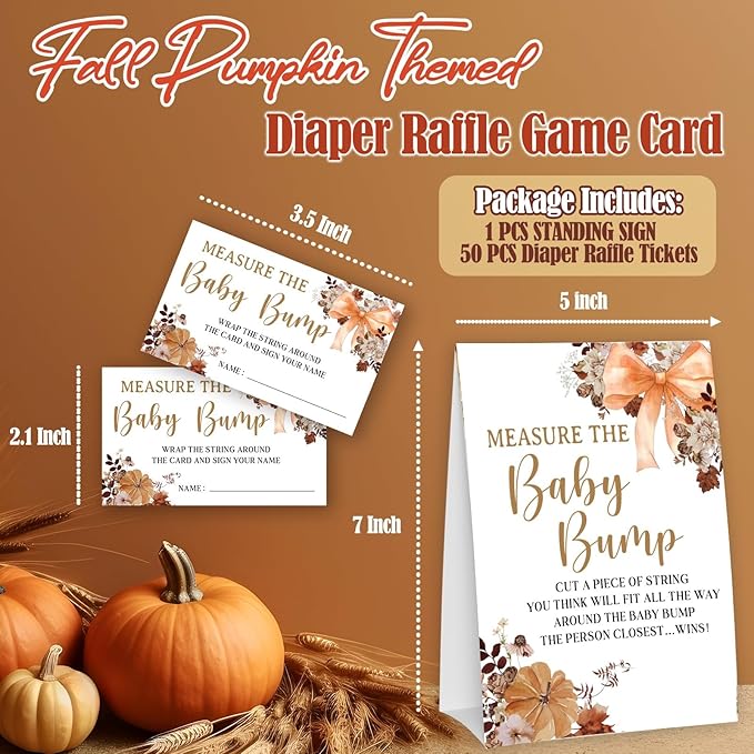 Bow Measure The Baby Bump - Thanksgiving Baby Shower Card Set (1 Sign With 50 Guess Cards), Fall Florals Gender Reveal Party Favor Supplies -A09
