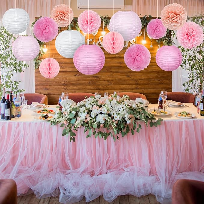15pcs Party-Decorations Paper-Flowers Lanterns Party Pack and Pom Pom Balls Hanging Decoration for Wedding Birthday Baby Shower-Bachelorette Bridal Wedding Engagement Supplies Decor