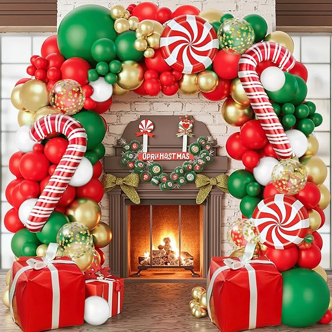 Christmas Balloon Garland Arch Kit,Xmas Holiday Balloons Red Green White Gold Confetti Balloons with Candy Cane Box Foil Balloon for Christmas Party Birthday Xmas Party Decorations