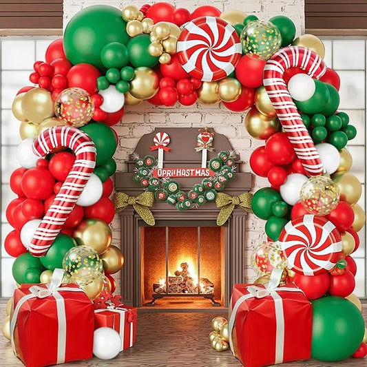 Christmas Balloon Garland Arch Kit,Xmas Holiday Balloons Red Green White Gold Confetti Balloons with Candy Cane Box Foil Balloon for Christmas Party Birthday Xmas Party Decorations