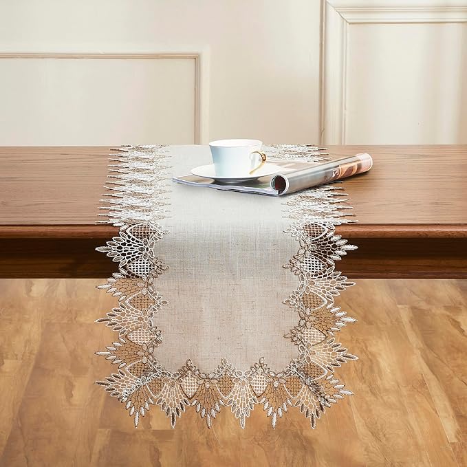 Natural Linen Table Runner 48 inches Neutral Earth Tones Beige Lace Coffee Table Runners Dresser Scarf for Spring Easter Summer Kitchen Wedding Party, Machine Washable (Natural, 16”x48”)