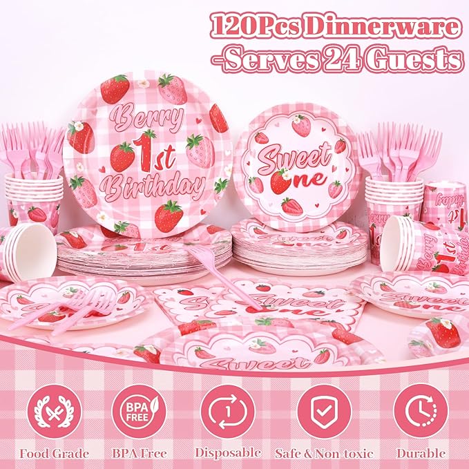 REDWORD Berry First Birthday Decor, 120Pcs Strawberry 1st Birthday Decorations with Plates Napkins Forks Cups Supplies for Girl First Sweet One Birthdays Party Decorations-Serves 24