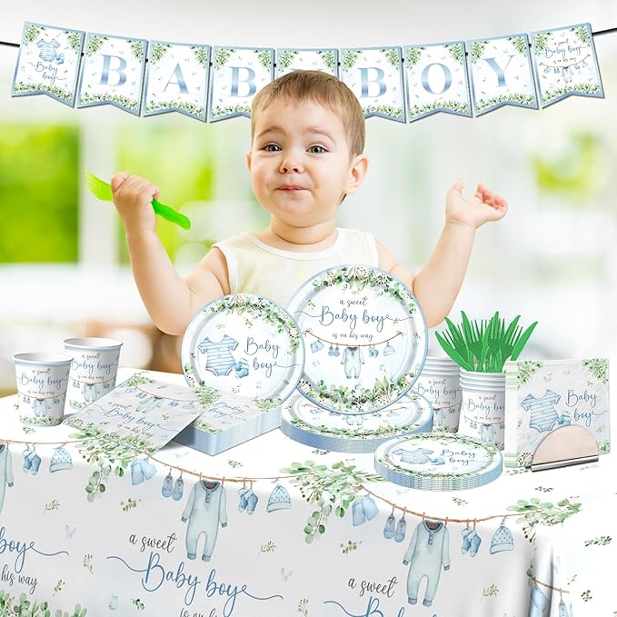 Greenery Baby Shower Tableware Set, Watercolor Blue Boy Plates, Napkins, Cups, Tablecloth for Boy Baby Shower Gender Reveal Supplies
