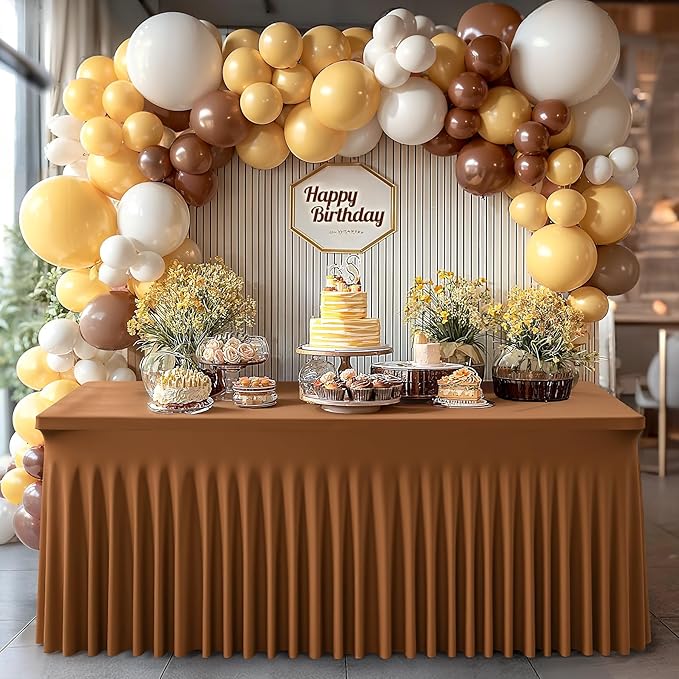 1 Pack Brown Table Clothes for 8 Foot Rectangle Tables, One-Piece Wrinkle Resistant Stretch Spandex Table Covers with Skirt for Event Banquet Wedding Birthday Party