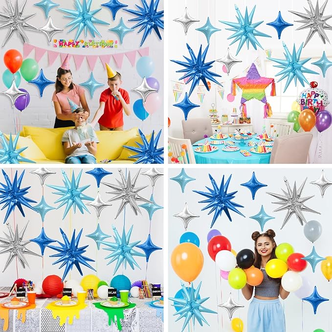Blue Silver Star Balloons Kit with 6pcs 22in Cone Foil Balloons and 10pcs 10in Four Pointed Star Balloons for Birthday Anniversary Disco Party Decorations