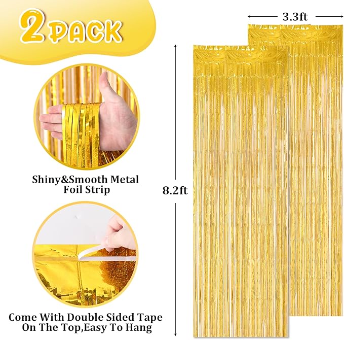 2 Pack Laser Gold Tinsel Foil Fringe Curtains, Gold Party Decorations, Metallic Tinsel Party Streamers Backdrop for Birthday Baby Shower Graduation Wedding New Years Party Decorations