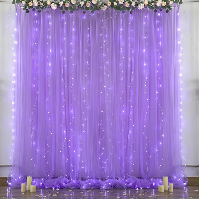 Purple Backdrop Curtains with Lights String for Wedding Birthday Party 10ft×10ft Sheer Tulle Backdrop Curtain for Bridal Shower Baby Shower Photo Shoot Background Wall Decorations 2 Panels 5×10ft