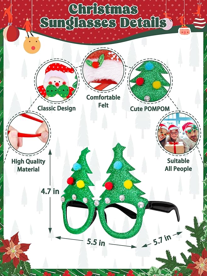 24PCS Christmas Glasses, Christmas Party Favors, Santa Glasses Frames for Xmas Decorations Accessories Supplies