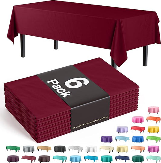 Party Solids 6-Pack Premium Plastic Tablecloth 54in. x 108in. Rectangle Plastic Table Cover - Burgundy