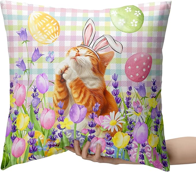 Spring Easter Pillow Covers 20x20 Set of 2 Lovely Cow Cat and Ginger Cat Wearing Bunny Ears Throw Pillow Covers Tulip Floral Pillow Case for Easter Decoration Sofa Patio Garden