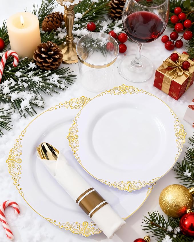 Nervure 175PCS Gold Plastic Plates - Disposable White Gold Party Plates & Pre Rolled Napkins with Cutlery for 25 Guests, 50Plates, 75Silverware, 25Cups, 25Napkin for Wedding & Party & Thanksgiving