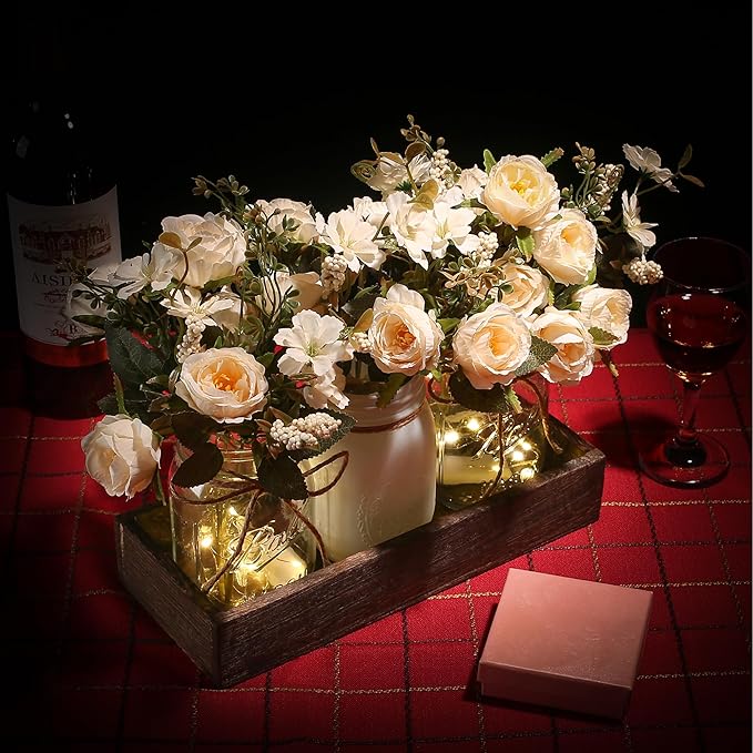 3 Pcs Mason Jar Centerpiece Table Decorations for Dining Table Decor Farmhouse Coffee Table Decor with Wood Tray and Led Light Table Centerpieces for Dining room Kitchen Living Bathroom,White
